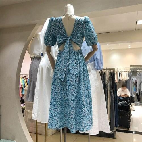 Bella Philosophy Summer Women Long Fashion Backless with Bow Floral Chiffon Short Puff Sleeve Maxi Dress