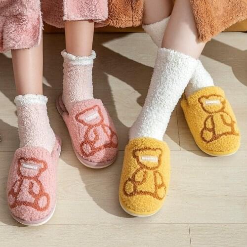 Winter Warm Slippers Women Men Thick Soled Non-slip Cartoon Cute Baer Plush Cotton Shoes Memory Foam Couples Home Fur Slides