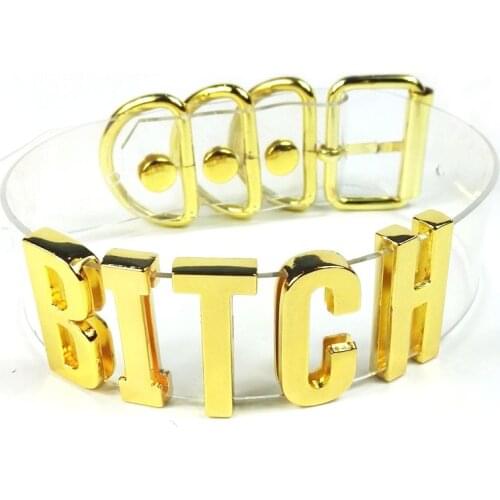 100% Handmade Cosplay Punk Pub Club Party Choker Heavy Bitch Collar 35MM Tall Letter Golden Collar Clear PVC Vinyl Necklace