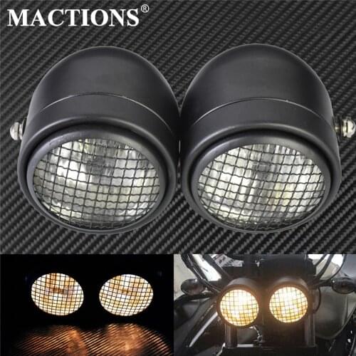 2PCS Motorcycle Front Twin Dual Headlight Double Headlamp Light W/ Grill Mesh Mask For Harley Cafe Racer Chopper Custom Bobber