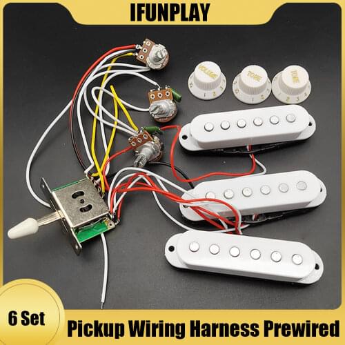 6Set Electric Guitar Pickup Wiring Harness Prewired 5 Way Switch 2T1V Knob SSS/SSH Pickup for ST Electric Guitar Black-White