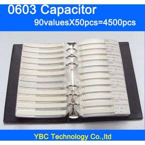 Free Shipping 0603 SMD Capacitor Sample Book 90valuesX50pcs=4500pcs 0.5PF~2.2UF Capacitor Assortment Kit Pack