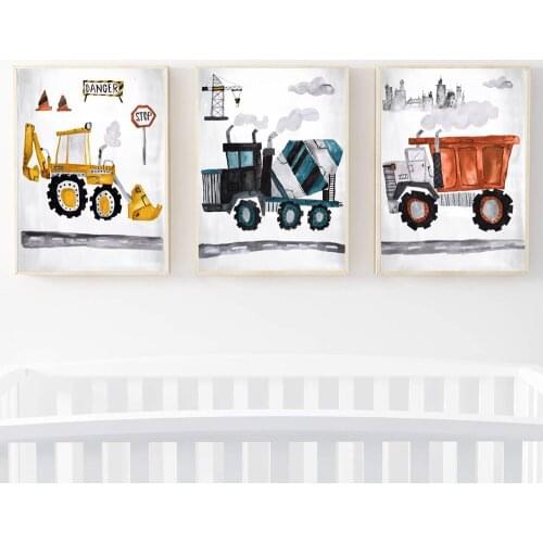 Engineering vehicles cartoon color boy wall art canvas painting pictures dump truck excavator posters and prints children room