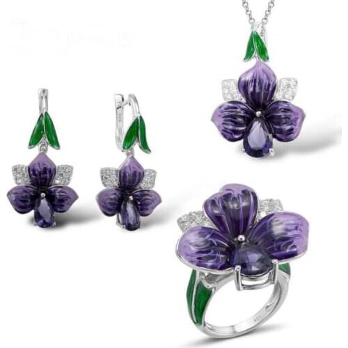 KOFSAC 2020 Fashion 925 Sterling Silver Jewelry Sets For Women Elegant Enamel Dark Purple Zircon Flower Necklaces Earrings Rings