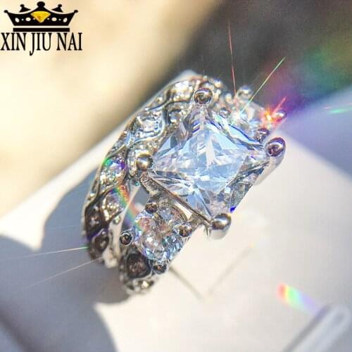 2/pcs Luxury Chic Ladies AAA Zircon Rings Set Big gem Jewelry Silver Color Engagement Wedding Ring for Women bijoux femme