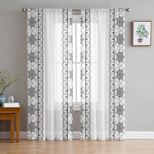 Youth Bedroom Sheer Curtains Boho Flower Black And White Kitchen Study Curtains Living Room Holiday Decor Tulle Curtains