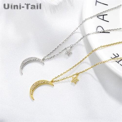 Uini-Tail new hot 925 sterling silver fashion simple temperament star and moon micro-inlaid necklace shiny star month creative