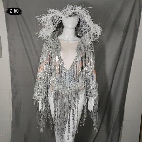 Nightclub Prom Silver Sequin Tassel Jumpsuit Women Sexy Stretch Long Fringes Party Bodysuit DJ Singer Dance Stage outfit clothes
