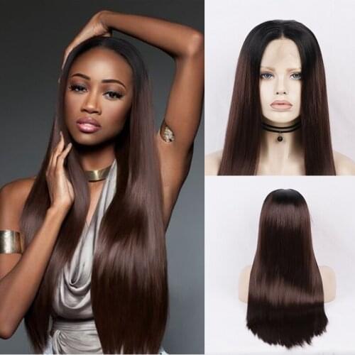 AIMEYA Long Straight Lace Front Wigs for Women Middle Part Ombre Brown Wigs Cosplay Daily Wear Wig 18-24 Inches