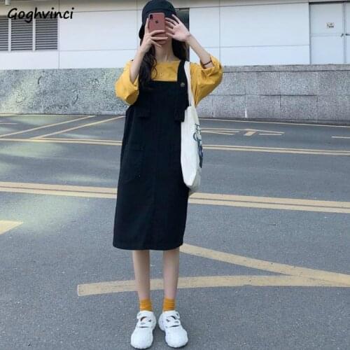 Women Denim Sleeveless Dress Simple Loose Little Guys Suspender Dresses Straight Adjustable Strap Outwear All-match Multi-Pocket