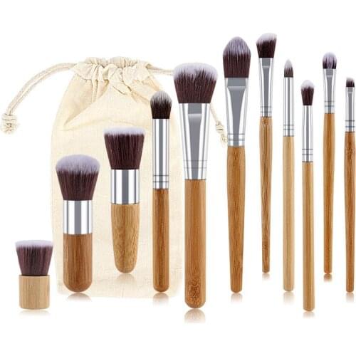 Popular 11pcs Nature Bamboo Handle Make-up Brush Sets Professional Brush Set for Newer with Linen Bag Cosmetic Beauty Tools