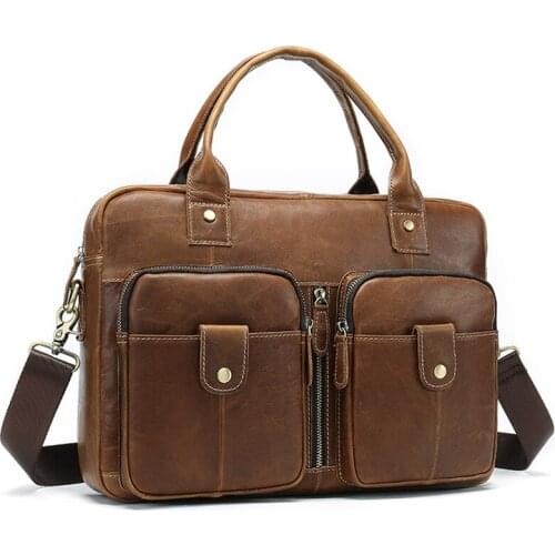MAHEU Soft Leather Briefcase Multifunction Business Laptop Bag 14 Inch Computer Bag Men Male working Tote Coffee Brown