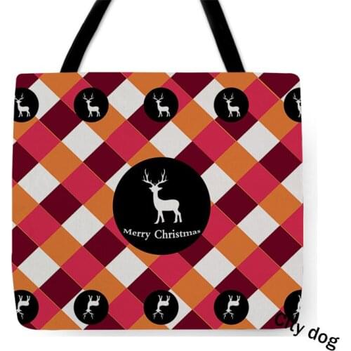 Christmas geometry elk Bags Custom Linen Bag Text Print Your Design Groceries Daily Use Reusable Travel Casual Shopping Bag