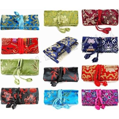 Wholesale SILK JEWELRY TRAVEL BAG Mixed Brocade Fabric Roll Pouch Carrying Case 3PCS Color random