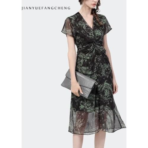 Ladylike Chiffon Printed Maxi Dress Women Summer New V-Neck Short Sleeve Cinched Waist A-Line PlusSize Elegant Slim Long Dresses
