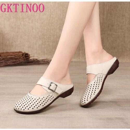 GKTINOO Women Slippers Shoes Genuine Leather Casual Slides Women Summer Shoes Retro Solid Mother Shoes Flat With Flip Flops
