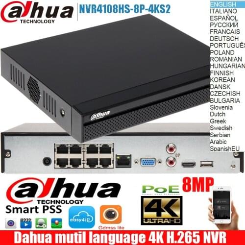 Dahua NVR4108/4116HS-8P-4KS2 8/16 Channel Compact 1U 8PoE 4K&H.265 Lite Network Video Recorder 8PoE ports