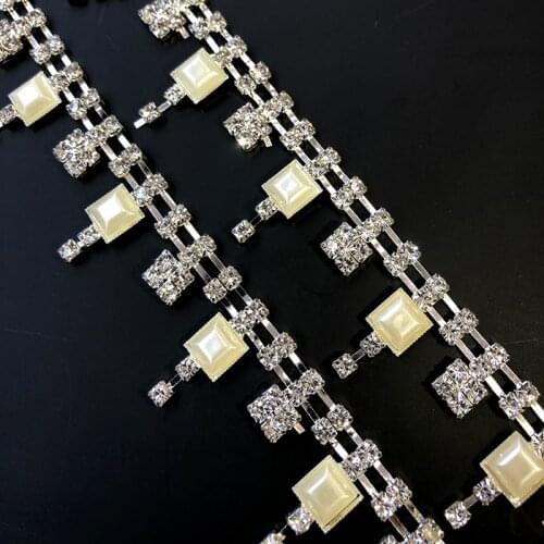 High quality Clothes decorative diamond chain Wedding dress accessories Pearl Beaded Lace Trim fabric applique patches