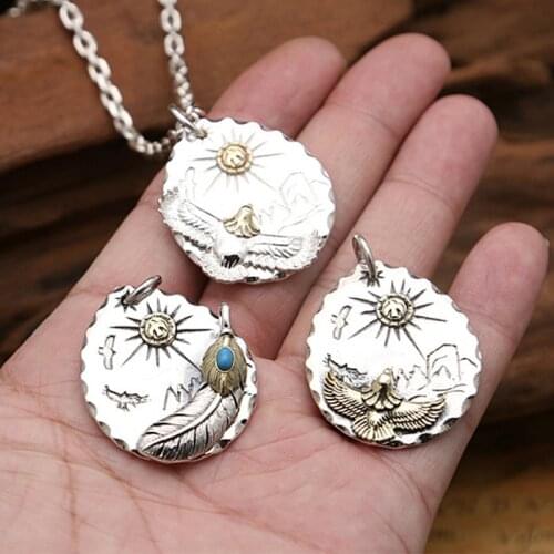 S925 Sterling Silver Jewelry Retro Thai Silver Handmade Feather Flying Eagle Tag Personality Men and Women Pendant
