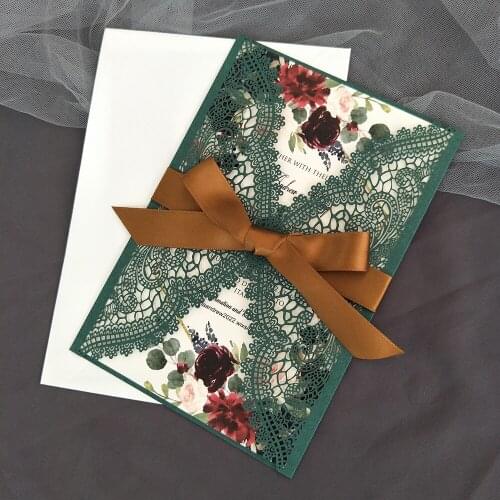 100X Green Lace Personalized Printing Wedding Invitations with Coffee Ribbon Die Cut Greeting Cards For Bridal Shower Birthday