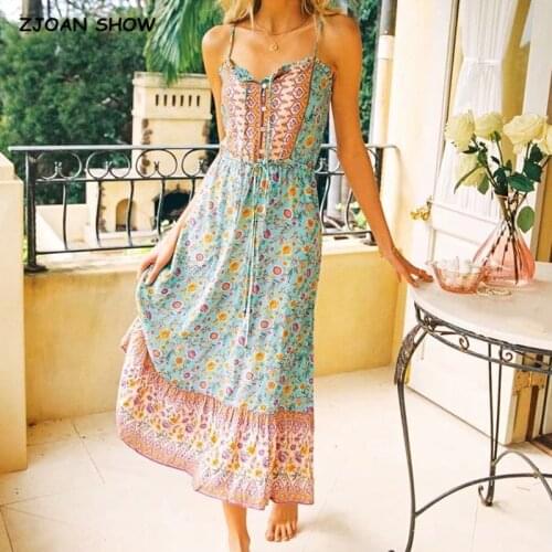 3 colors 2021 Bohemia Floral Print Lacing up Open Buttons Spaghetti Strap Dress BOHO Woman Sling Midi Long Dresses Beach
