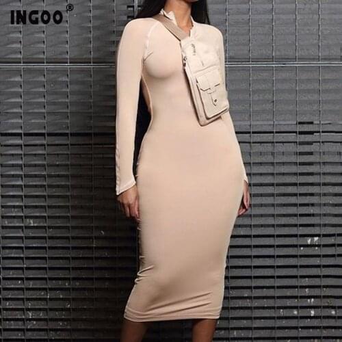 INGOO Sexy Long Dress Women Winter Bodycon Zip-Up Turtleneck Slim Long Sleeve Ankle Length Autumn Solid Khaki Maxi Dresses