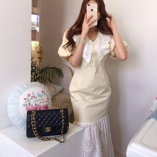 2021Elegant Temperament Patchwork Slim Waist Lace Ruffles Big Turn Down Collar Lantern Short Sleeve Mermaid Dress Women Fashion