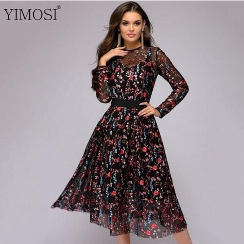 Women Lace Flower Print Dress 2021 Vintage O-Neck Long Sleeve Mesh Office Dress 2 Piece Set Elegant Party Dresses