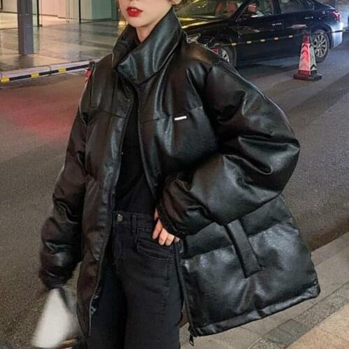Winter Harajuku Girl Fashion Glossy PU Matte Cotton Coat Sweet Girlish Style Fairy Gentle Preppy Offiec Lady Girl Padded Jacket