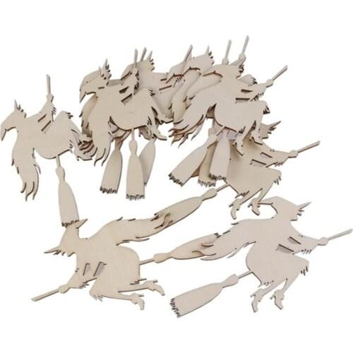 10pcs Wooden Embellishments Festival Party Christmas Decor Supplies Halloween Decoration Witch On The Broom Pattern Pendant