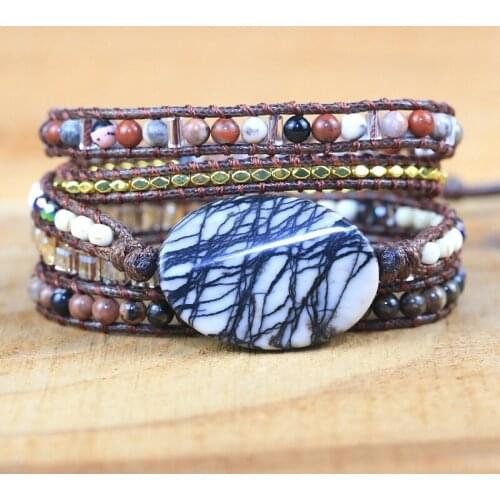 5 Layers Natural Stone Leather Bracelet Exquisite Mix Stones Women Fashion Wrap Bracelet Boho Bracelet Jewelry Dropshipping