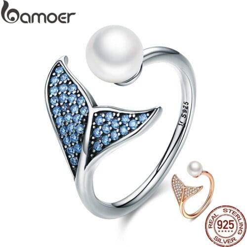 BAMOER Authentic 925 Sterling Silver Adjustable Dolphin Tail Blue CZ Finger Rings for Women Sterling Silver Jewelry Gift SCR286