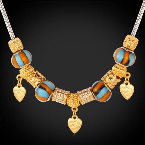 Bohemian Heart Necklace For Women Vintage Gold Color Charms Rhinestone European Style DIY Beads Fashion Jewelry N854