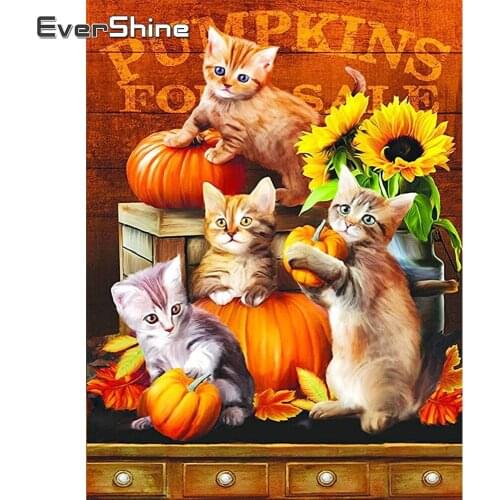 EverShine Diamond Painting Full Square Cat Diamond Embroidery Thanksgiving 5D Rhinestones Pumpkin Mosaic DIY Wall Decor