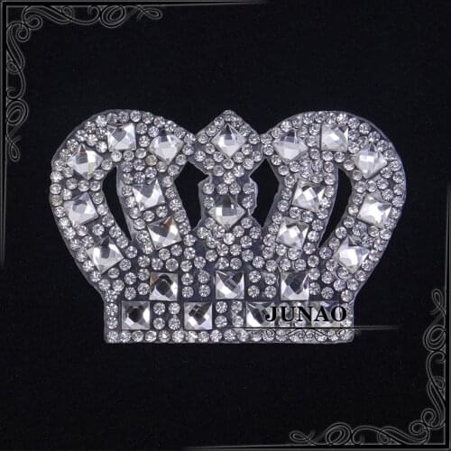 JUNAO 10pcs Clear Crown Rhinestones Patches Hotfix Motifs Iron On Patches Crystal Appliques For DIY Jeans Clothe Crafts