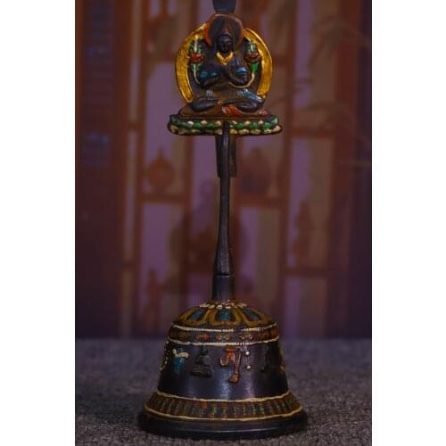 10"Tibet monastery collection Old Bronze Tracing Tsongkhapa Buddha statue Rattle Bells Ornaments Town House Exorcism
