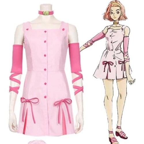 JoJo Bizarre Adventure Anime Reimi Sugimoto Cosplay Costume Pink Dress+Shoes+Hair For Halloween Carnival Party Crossdressing