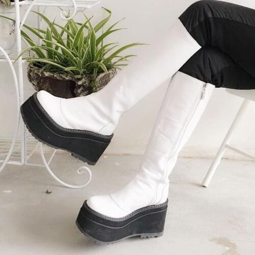 Japanese Sweet Wedges Lolita Cosplay Thigh Boots Princess Girl Chunky High Heel Winter Martin Boots with Side zip