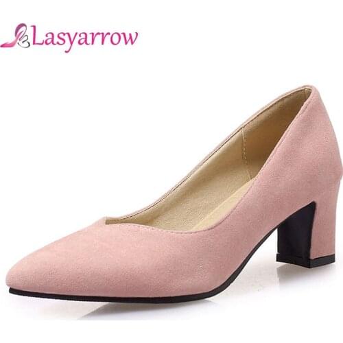 Lasyarrow Concise Pumps Block Thick Heels Pointed Toe Casual Slip On Shallow Ladies Shoes Black Beige Plus Size 30-48 Pumps J506