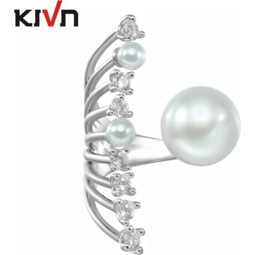 KIVN Fashion Jewelry Adjustable Open Cubic Zirconia Wedding Bridal Women Girls Simulated Pearl Rings Promotion Birthday Gifts