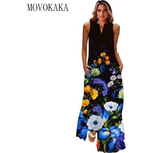 MOVOKAKA Flowers Print Dress Summer Holiday Beach Casual Elegant Vintage Dresses Woman Party V Neck Sleeveless Long Dress Women