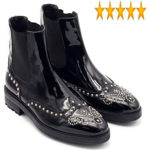 Ankle Carved Rivets Thick Bottom Handmade New European 2021 Mens Genuine Leather Shoes Black Pointed Slip On Boots Men