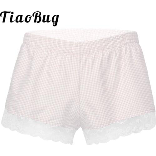 Mens Lingerie Hot Sexy Sissy Underwear Lace Trim Plaid Shorts Nightwear Elastic Waistband Underpants Sides Split Bowknot Panties
