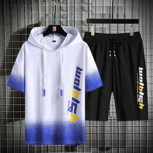 2021 Mens New Summer Hooded Loose Short-sleeved Elastic Waist Shorts Youth Trend Cotton Five-point Sleeve Suit