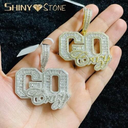 Hip Hop GO Crazy Letters Pendant With Twist Rope Chain Bling Iced Out Full Baguette Cubic Zirconia CZ Paved Necklace Jewelry
