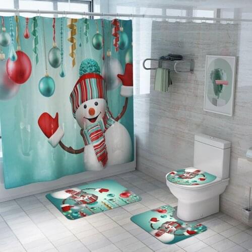 Christmas Home Decoration Bathroom Set Waterproof Bath Screen Shower Curtain Nonslip Bath Mat Rug Toliet Seat Cover Set