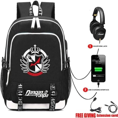 USB Charging Headphone jack Backpack School Bags Mochila Feminina Laptop Backpack Schoolbag anime Danganronpa Printing backpack