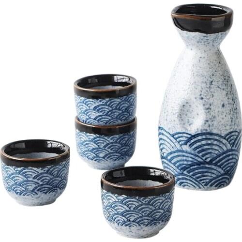 Blue Sea Ripple Japanese Style Hip Flask Sake Wine Warm Chinese Wine Set Home Hand FrostedClaze Ceramic Sake Wine Set