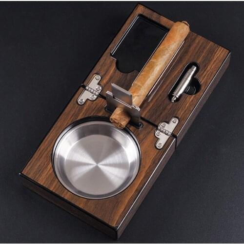 Folding Cigar Ashtray Stainless Steel Wood Cigar Ashtray with Smoke Cutter Punch Smoking Tobacco Accessories High-grade Portable