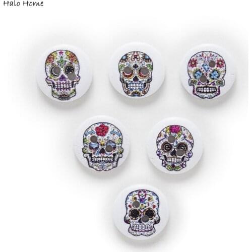 Mixed 50pcs white/natural Funny Skull 2 Hole Round Wood Buttons Home Clothing Sewing Scrapbooking Decor 15mm